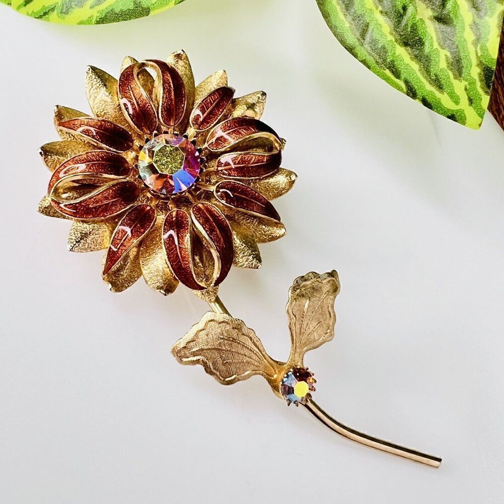Vintage Flower w Stem Brooch Brown Enamel Aurora Borealis AB Rhinestones 4560